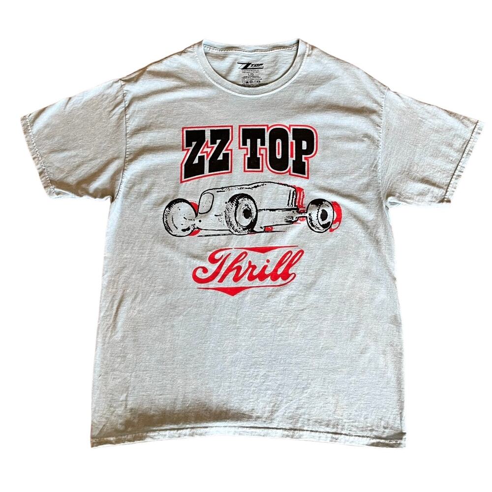 ZZ TOP Thrill Graphic T SHIRT LG Men's Womens TEE Indy Race Car Gray 100% Cotton